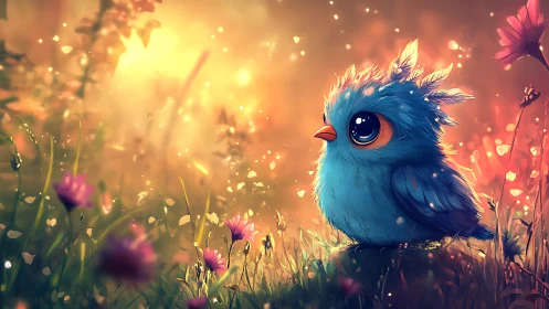 Adorable blue cartoon bird in a magical glowing meadow scene.