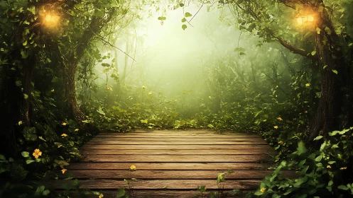 Forest Path with Wooden Boardwalk and Warm Ambient Illumination