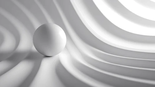 Gentle white sphere resting among calm flowing curves.