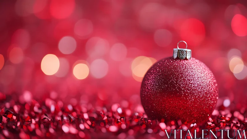 Sparkling red Christmas bauble amid festive bokeh glow.
