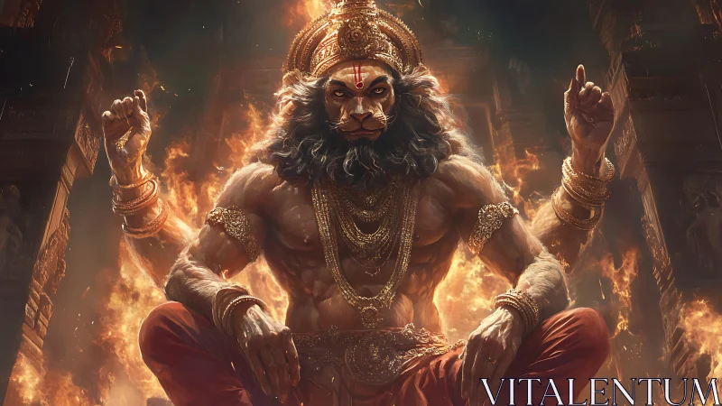 Lion-headed deity sits frontally amid surrounding flames