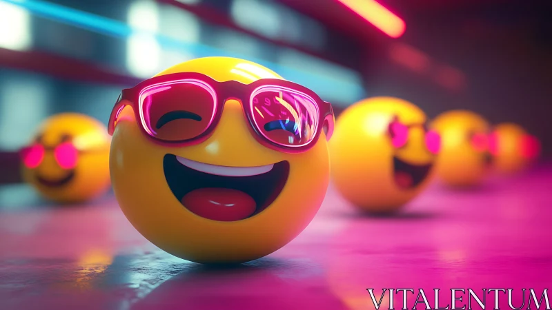 Smiling emoji spheres with sunglasses in neon studio scene.