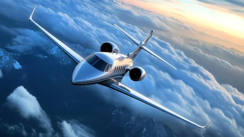 Photorealistic business jet over stratiform cloudscape at dusk.