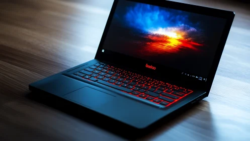 Midnight laptop glow cradles a burning digital sunset dream.