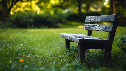 Photorealistic rustic park bench in shallow depth of field.