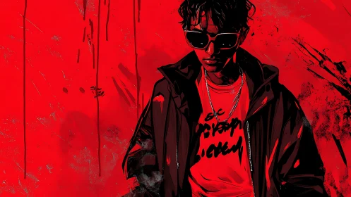 Young man in dark jacket stands against intense red wall