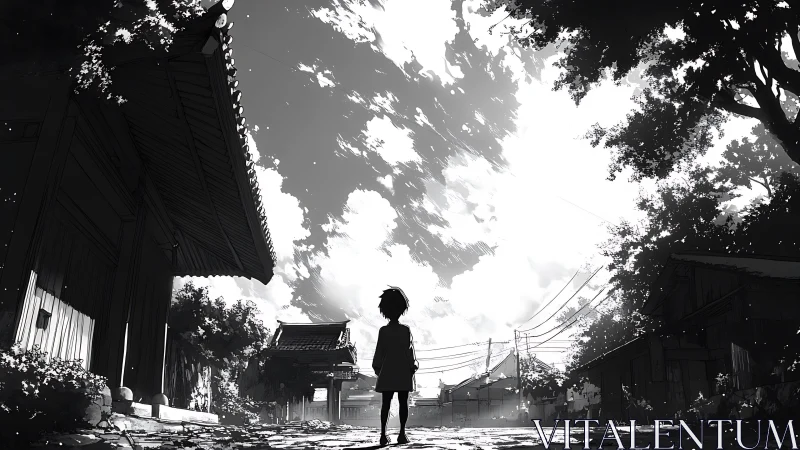 Quiet village street welcomes a child into bright morning light