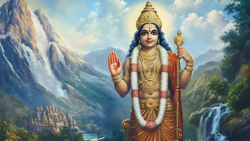 Hindu deity with staff before waterfalls and mountain temple.