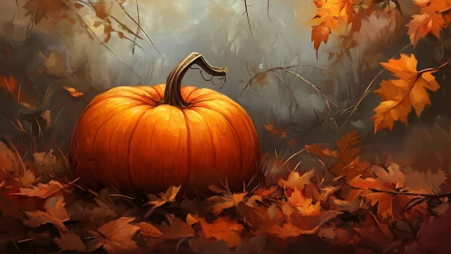 Cozy autumn pumpkin resting in a soft swirl of golden leaves.
