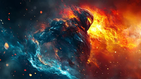 Elemental humanoid form in opposing fire and water fields.