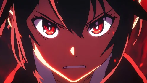 Close anime face shows intense gaze under red lighting
