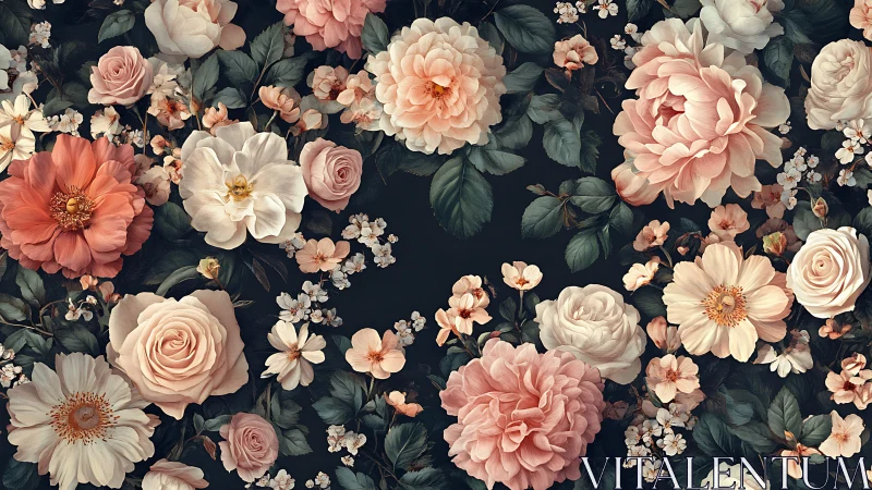 Romantic Florals Against Dark Canvas. Peach and Ivory Blooms.