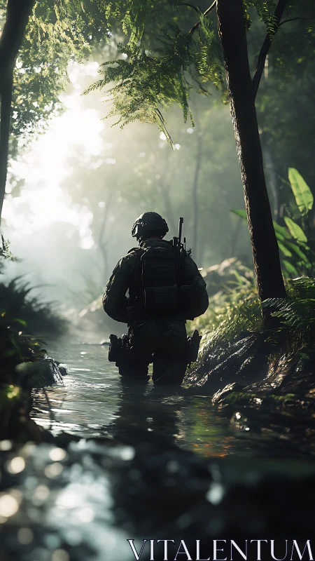 Soldier moves through shallow jungle stream in backlit scene