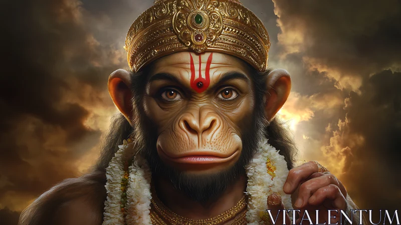 Photorealistic simian deity portrait with ornate gold crown.