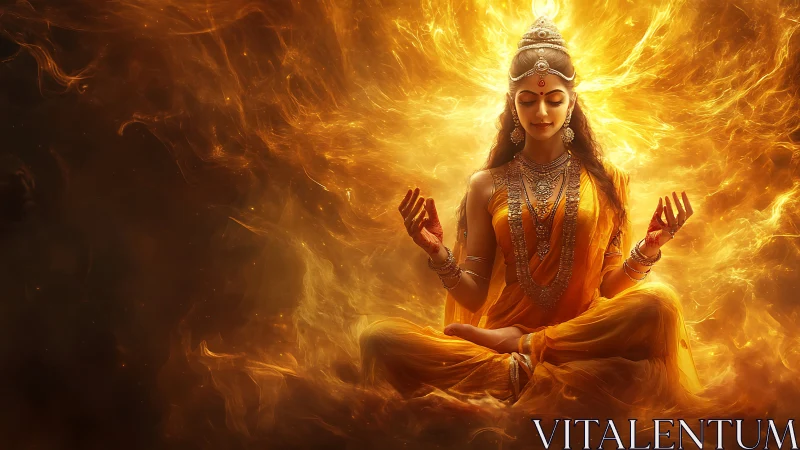 Meditating goddess figure sits in fiery golden energy field