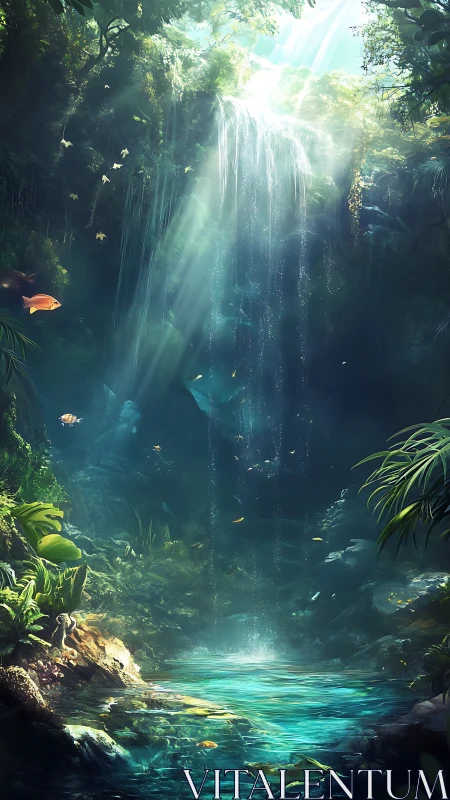 Sunlit jungle waterfall over glowing turquoise pool.