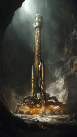 Massive subterranean drilling tower emits golden industrial light