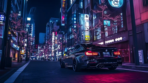 BMW coupe in neon-lit urban street at night scene.