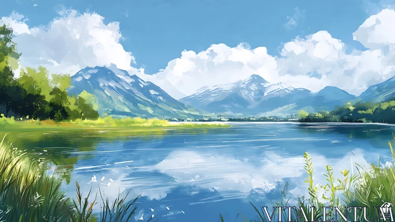 Mountain lake landscape under clear blue summer sky.