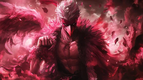 Crimson winged warlord strides through a storm of burning feathers.