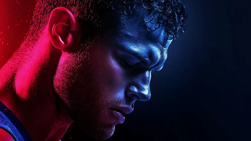 Neon grit on a focused athlete caught between red and blue.