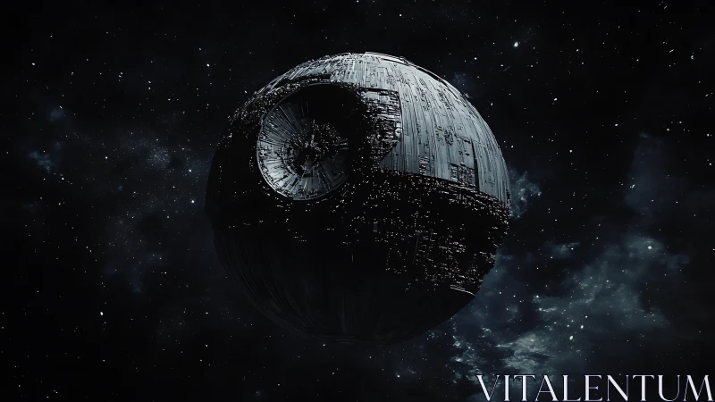 Orbital war-sphere drifts quietly through fractured starlight