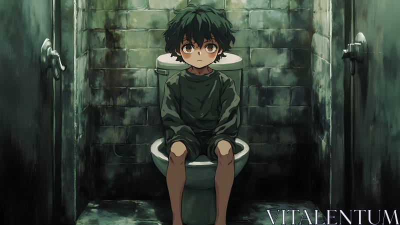 Small dreamer sits quietly in a crumbling tiled cell