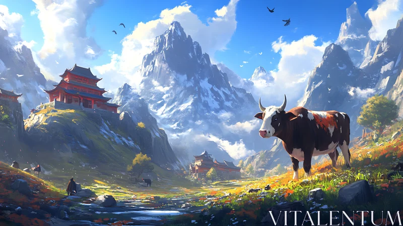 Mountain valley temple landscape with grazing brown cow.