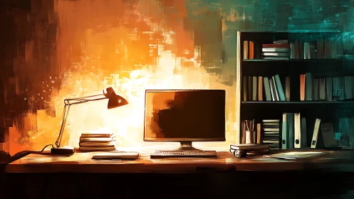 Digital painting of tidy home office desk and shelves.