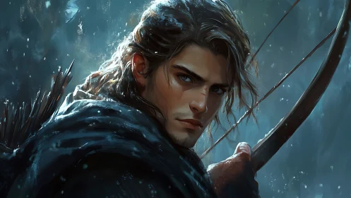 Brooding fantasy archer in snow with drawn bowstring.