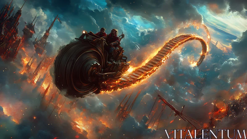 Sky riders chasing a burning ribbon road through clouds.