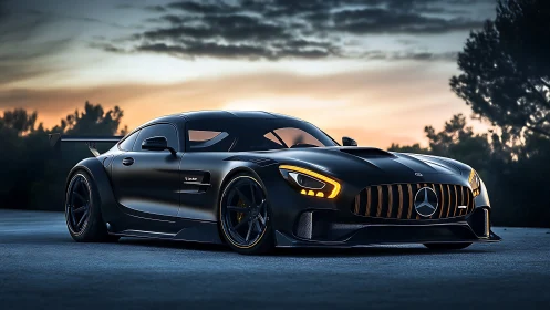 Black Mercedes AMG sports car parked on open road at dusk.