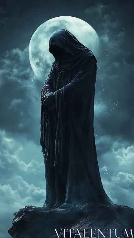 Hooded wraith towers before full moonlit storm sky.