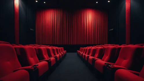 Empty multiplex cinema auditorium with red seating alignment