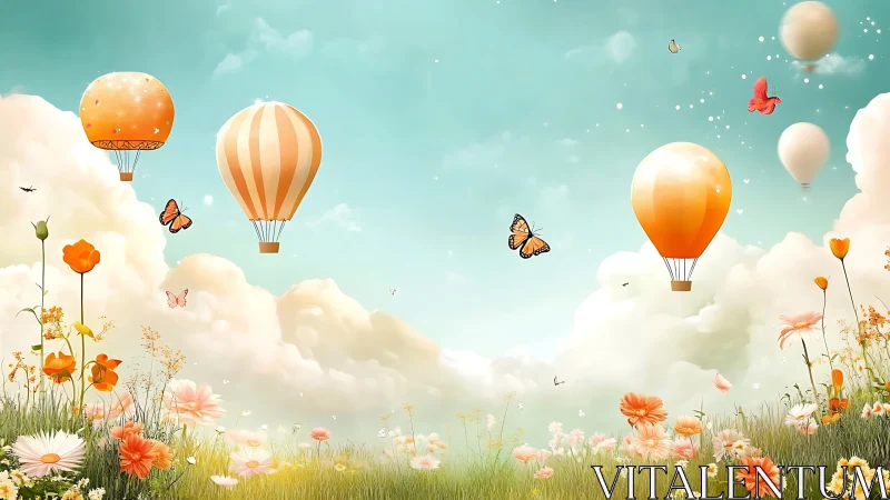 Orange hot air balloons drift above spring wildflower meadow