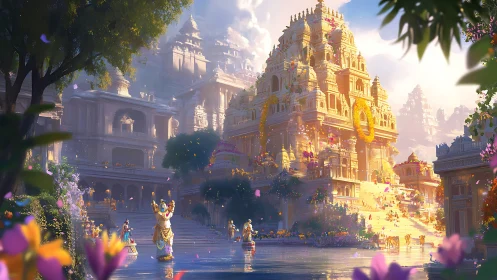 Sunlit temple complex rises above reflective water courtyard