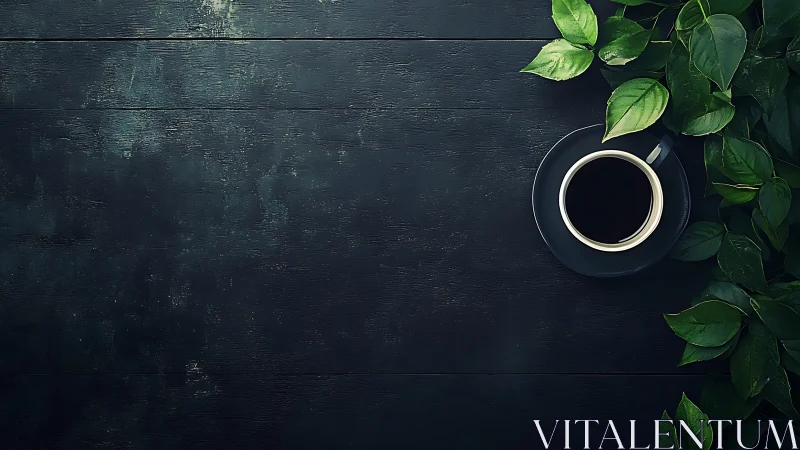Black coffee cup on dark wooden table with green leaves