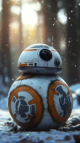 Snow-dusted scout droid glows softly in a winter forest.