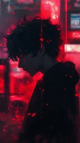 Backlit urban silhouette in red-spectrum digital chiaroscuro.