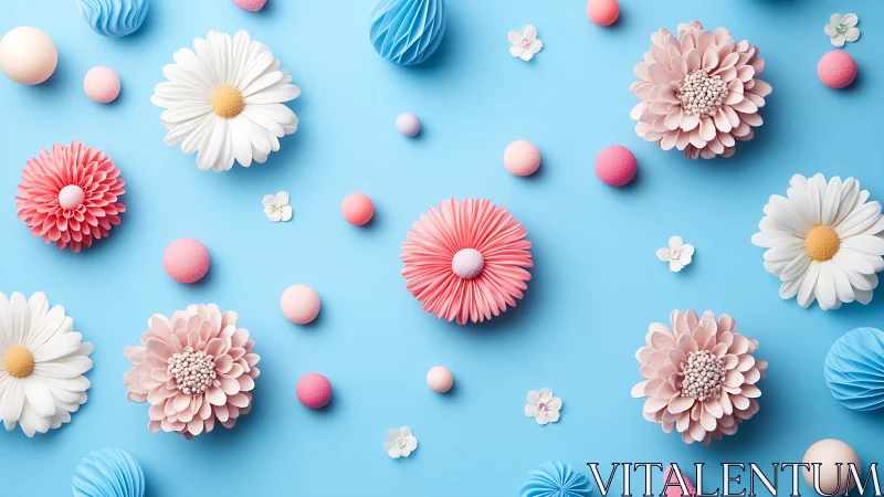 Blooming Garden of Daisies and Decorative Spheres on Blue