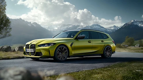 Lime green performance wagon rendered in alpine photoreal detail