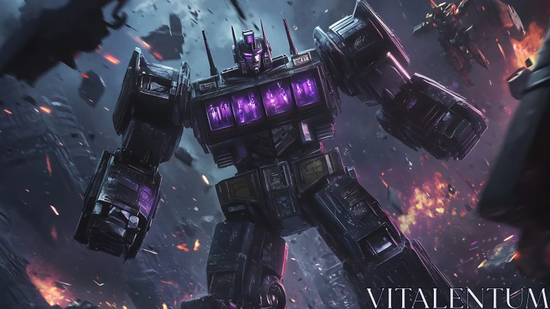 Towering combat mech strides through neon-lit warzone inferno