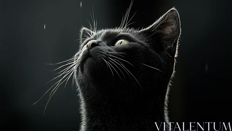 Black Cat Gazing Upward in Moody Light.