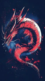 Lunar-anchored crimson wyvern in dynamic spiral trajectory.