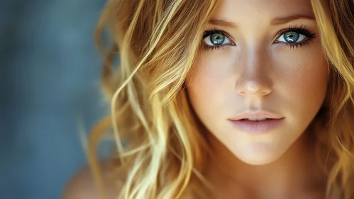 Intense blue eyed portrait with sunlit golden hair focus.