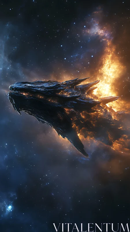 Ancient cosmic dragon ship emerges through burning nebula