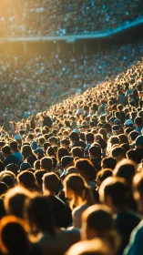 Backlit stadium crowd in warm sunset directional light.