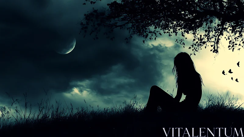 Lunar backlit silhouette under storm-laden nocturnal canopy.