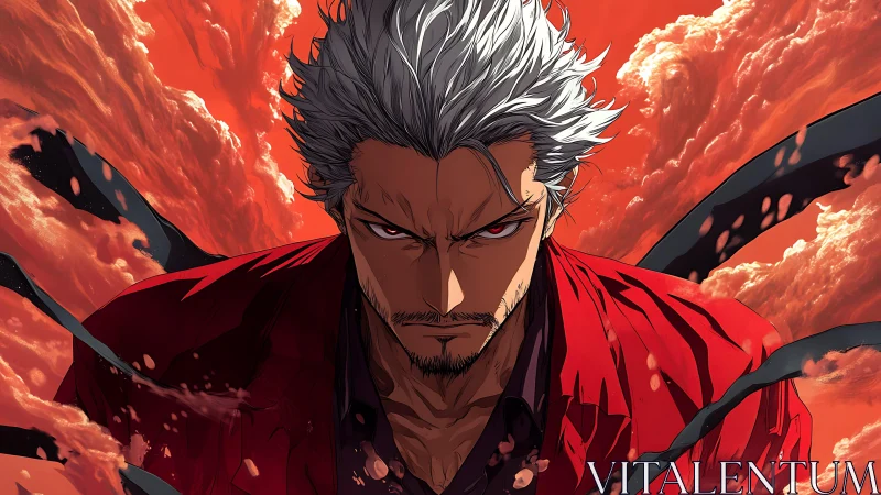 Intense silver‑haired anime warrior advances through turbulent red clouds