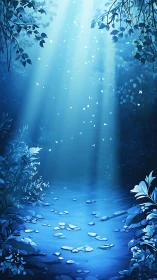 Blue forest clearing with light beams over rocky path.